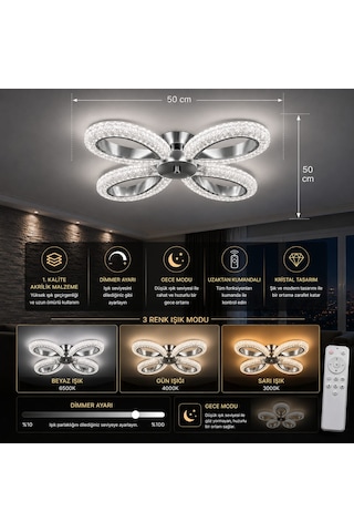 Yagmur 4lu Avize 3 Renk Led Isıklı Kumandalı Salon Avize Oturma Odası Avize Krom