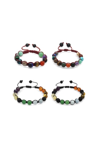 Makrome Örgülü Küre Kesim Multicolor Doğaltaş Kombinli Aile Başarı Bilekliği 4lü Set Çok Renkli