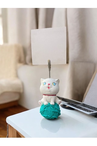 Turkuaz Yumaklı Kawaii Sevimli Kedi Fotoğraf Not Tutucu Turkuaz