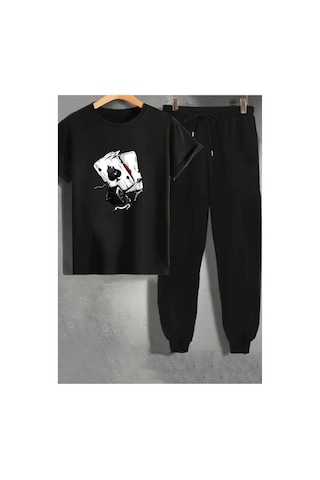 Medinenur Zar Baskılı T-shirt Eşofman Altı Jogger Rahat Kalıp Siyah Eşofman Takım Siyah