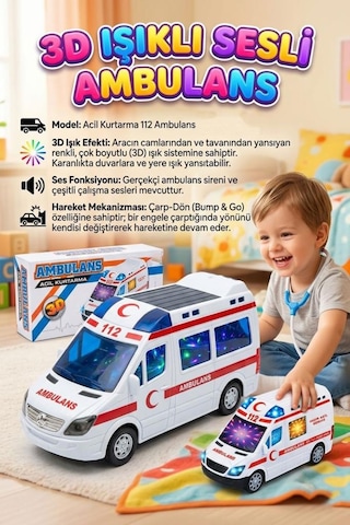3d Işıklı Sesli Pilli Çarp-dön Mekanizmalı 17cm Gerçekçi Tasarımlı Eğlenceli Oyuncak Ambulans Çok Renkli
