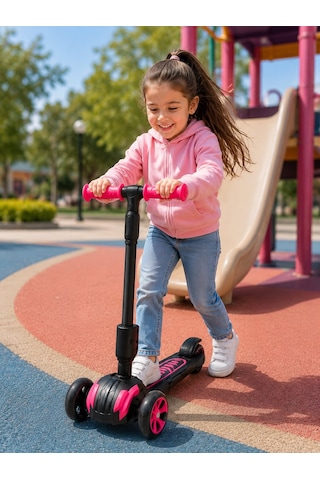 Combo Oturaklı 3 Tekerlekli Katlanabilir Led Işıklı Scooter Pembe
