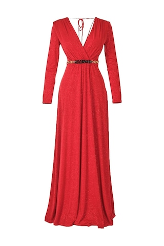 Explosion Maxi Abiye Elbise: Uzun Kol, V Yaka, Şık Kemer Detayı Kırmızı