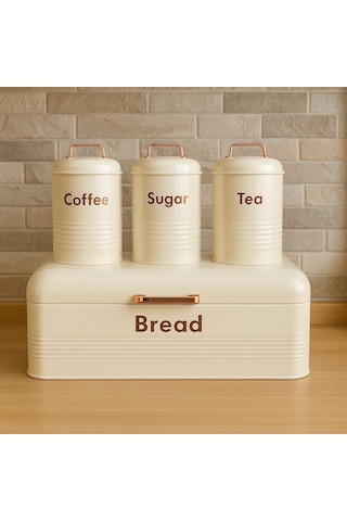 4 Lü Mutfak Seti Ekmeklikçay Kahve Şekerlik Krem 43x20 Krem