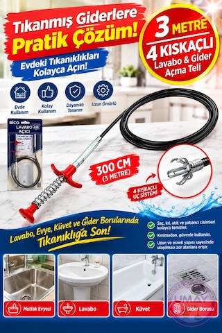 300 Cm 3 Metre Kıskaçlı Gider Açma Aparatı Tıkanmış Lavabo Evye Küvet Gider Borusu Açma Aparatı