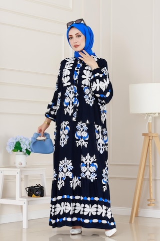 Sevitli Yarım Düğmeli Robalı Belinay Elbise-lacivert-5095
