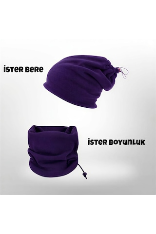 Qulothes Extrakalın Termal Polar Soğuk Geçirmez Bere & Boyunluk Unisex Pamuklu Kışlık Ayarlanabilir İpli Bere Lila