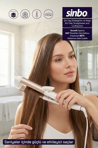 Sinbo Shd-1730 2in1 Saç Düzleştirici Ve Maşa Seramik Kaplama 180 C Çift Fonksiyon Rose Gold