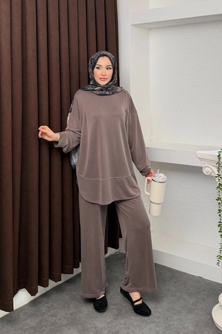Mihran Butik Kalina Model İthal Pike Kumaş Cep Detaylı Kadın Takım Kahverengi
