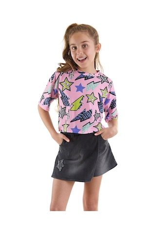 Denokids Mushi Yıldız Ve Şimşek Kız Çocuk T-shirt Denim Şort Takım Çok Renkli