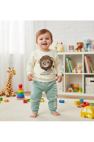 Erkek Bebek Aslan Baskılı Alt Üst İkili Gündelik Takım Yeşil