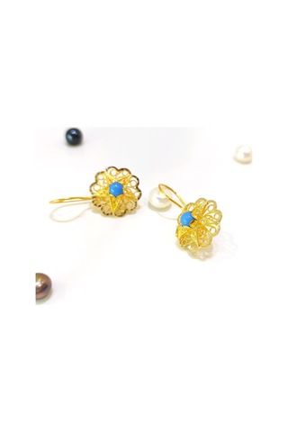 Altın Ürünler 17.5 MM Sallanan Turkuaz Gül Küpe 14 Ayar