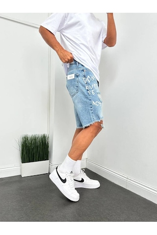 Kaizer Denim Boyfriend Yırtık Detaylı Baskılı Kot Kapri Şort Mavi