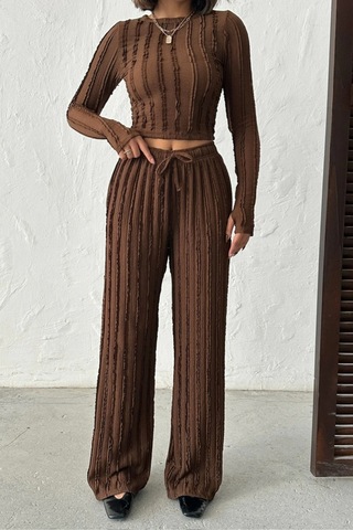 Trend Alisse Kahverengi Kışlık Premium Fitilli Parmak Geçmeli Crop Bluz Bol Paça Pantolon Takımı