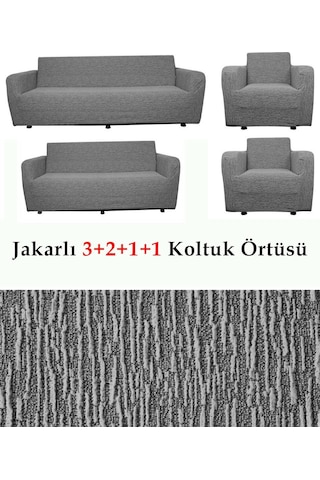 StarMall Jakarlı Çubuk, Düz Desen 3 2 1 1 Lastikli Koltuk, Kanepe, Çekyat Örtüsü, Kılıfı Esnekli Gri