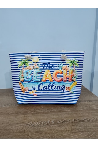 Cadde Dükkanı Baskılı Fermuarlı Yeni Su Geçirmez Plaj Ve Günlük Kullanım Çantası Beach Mavi Çizgili Çok Renkli