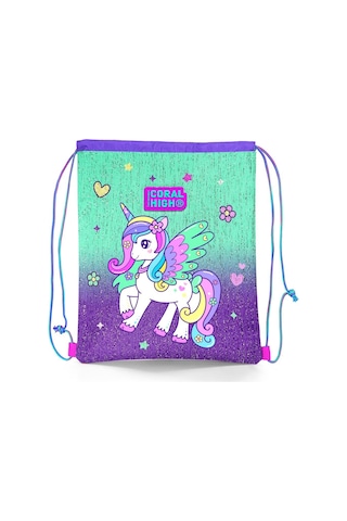 Coral High Kids Mor Su Yeşili Unicorn Desenli İpli Büzgülü Sırt Çantası 22691 Mor