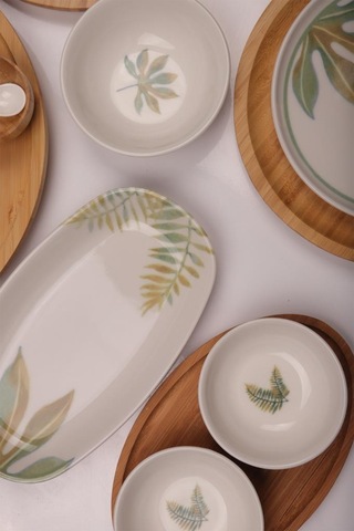 Atbyhome Dawn 6 Kişilik 42 Parça Doğal Bambu Porselen Kahvaltı Takımı Kahvaltı Seti Sunum Seti Beyaz