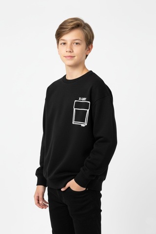 Baskı Detaylı Bisiklet Yaka Erkek Çocuk Sweatshirt-90913 Siyah