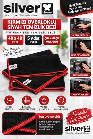 Silver Home Kırmızı Overloklu Siyah Temizlik Bezi 40x40 Cm 5 Adet Diğer