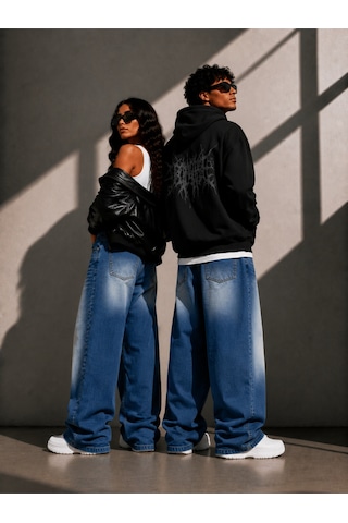 St.poll Unisex Baggy Jean Pantolon Mavi