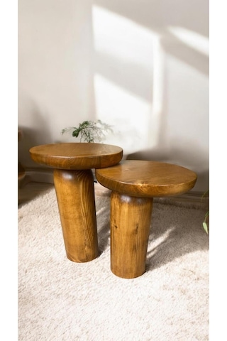 Wood Ahşap 2 Li Set Mantar Tik Ağacı Renk Yan Sehpa Modern Fiskos / Çiçeklik / Zigon Ceviz