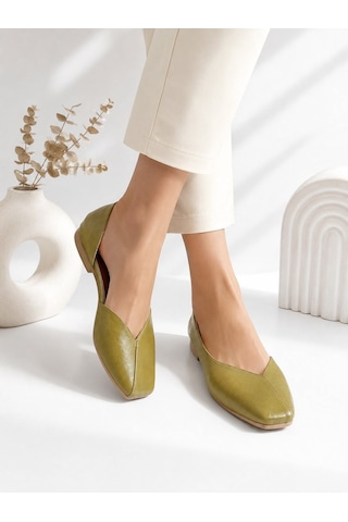 Dabab Shoes Dante Kadın Yağ Yeşili Kırışık Rugan Kare Burun Düz Taban Günlük Casual Babet Ayakkabı Yeşil