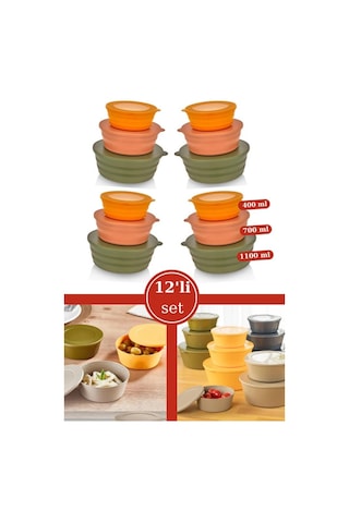 Flosoft Kapaklı Erzak Saklama Kabı, Kase Çerezlik Kahvaltılık 3 Boy 12 Li Set 4x 400ml,700ml,1100ml 12 Adet Çok Renkli