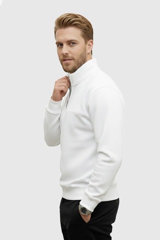 Rizzup Erkek Beyaz Relax Fit İçi Polarlı %100 Pamuk Yarım Fermuarlı Dik Yaka Sweatshirt 2600760