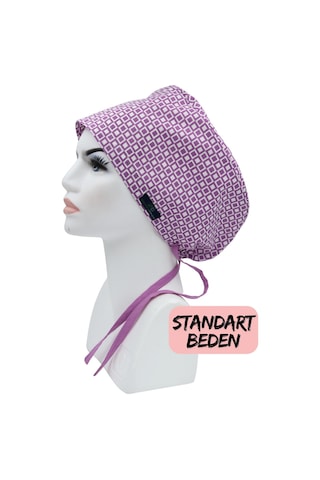 Standart Beden Lila Geometrik Desen Cerrahi Bone Doktor Hemşire Sağlıkçı Hastane Bonesi Renkli