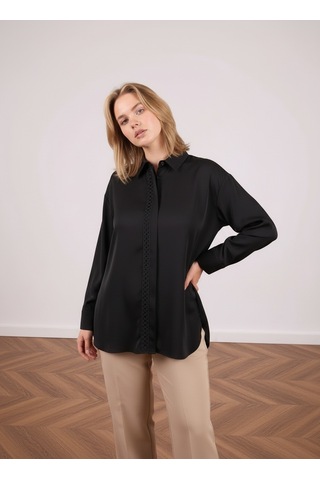 Pera Moda Büyük Beden İç Göstermeyen Uzun Oversize Önü Nakışlı Şık Gömlek Siyah