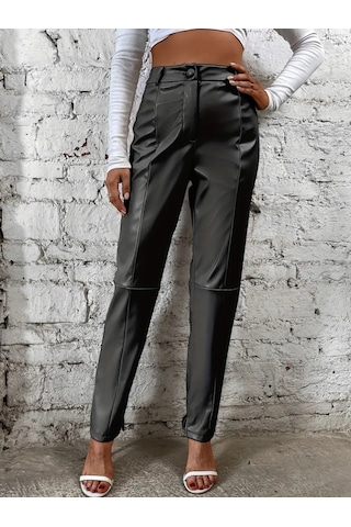 Modaserdem Kadın Yüksek Bel Önden Düğmeli Deri Pantolon Siyah