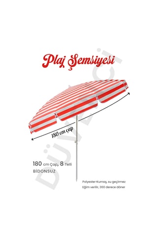 Plaj Şemsiyesi Kırmızı Beyaz Renkli 8 Telli 180 Cm Çap Eğim Verilebilir Kırmızı - Beyaz