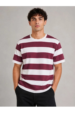 Erkek Çizgili Oversize Tişört Bisiklet Yaka Kısa Kol Yazlık T-shirt - Bordo Çok Renkli