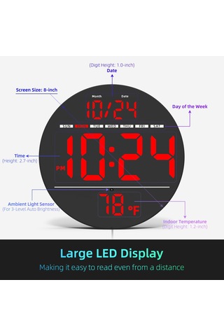 Llr083 20 Cm Çaplı Çok İşlevli Led Dijital Duvar Saati, Sıcaklık, Tarih, Hafta Göstergeli - Kırmızı Kırmızı