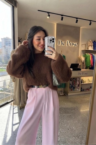 De Pose Kadın Triko Peluş Kazak Kahverengi