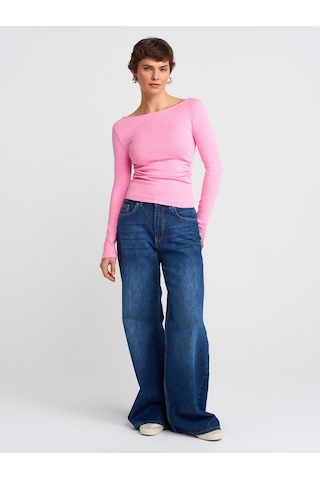 Dilvin 31401 Büzgülü Kayık Yaka Top-pembe Pembe