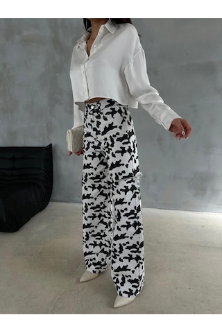 Zeo Basic Baggy Pantolon Beyaz&siyah İnek Desenli Yanlardan Lazerli Beyaz