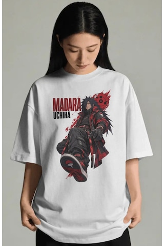Unisex Oversize Madara Uchiha Naruto Anime Karakter Ön Baskılı Pr Beyaz