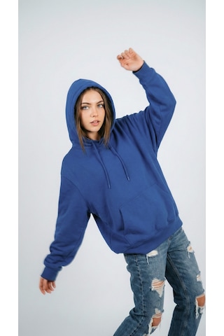 Hoxie Unisex Rahat Kesim Pamuklu Yumuşak Dokulu İçi Polarlı Basic Desenli Kapüşonlu Sweatshirt Koyu Mavi