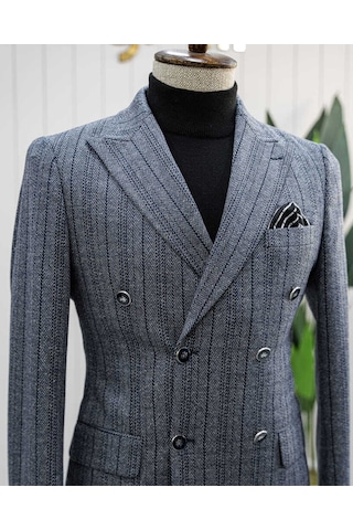 Bys Beystil Sivri Yaka Lacivert Çizgili Kruvaze Ceket 52731 - Slim Fit