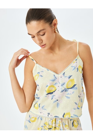 Koton V Yaka İnce Askılı Limon Baskılı Pamuklu Pijama Üstü Ekru Desenli 5slk90012mw Ekru Desenli
