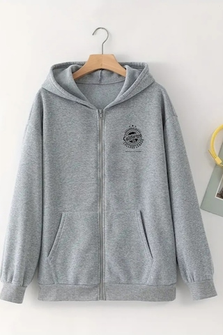 Unisex Gri Kapüşonlu Fermuarlı Hırka California Logo Baskılı, Şardonlu Kalın Kumaş Gri