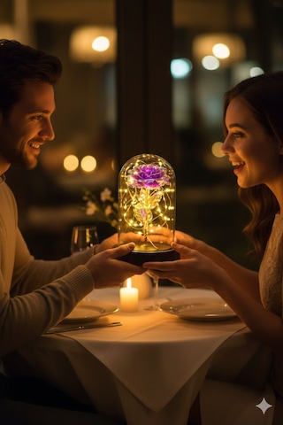 Sevgiliye Özel Günlere Dekoratf Hediye Mika Fanus İçinde Solmayan Led Işıklı Hologram Sonsuz Gül Mor Çok Renkli