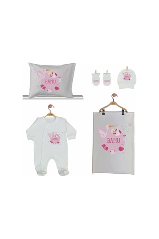 Pia Baby Gl 2005 İsme Özel Leylekli Beşli Tulum Set Krem