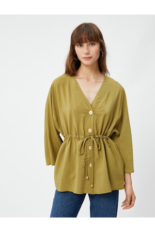 Koton Düğmeli Kimono Bluz Beli Bağlamalı Kısa Kollu Dokulu Haki 4wak50102uw
