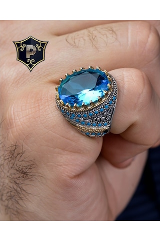 Gümüş Erkek Yüzük Aqua Marine Taşlı