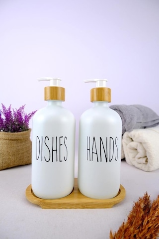 Digithome 2 Li Ahşap Standlı Cam Sıvı Sabun Ve Bulaşık Deterjanı Şişesi Sabunluk Beyaz 500 Ml - G/13 C1-1-289