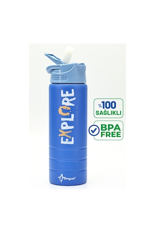 Paslanmaz 304 Çelik Matara Pipetli Motivasyon Matarası Suluğu 304 Çelik Suluk Mavi 750 Ml 1156 Mavi