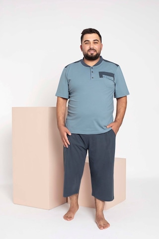 Erkek Büyük Beden 3 Düğme %100 Pamuk Kısa Kol Cepli Kapri Bermuda Pijama Takımı Açık Mavi